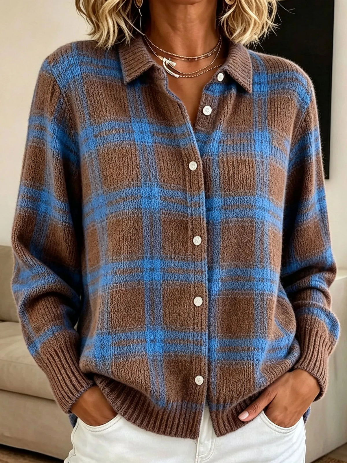 Women Loose Long Sleeve Plaid Collared Button‐front Knit Cardigan Sweater