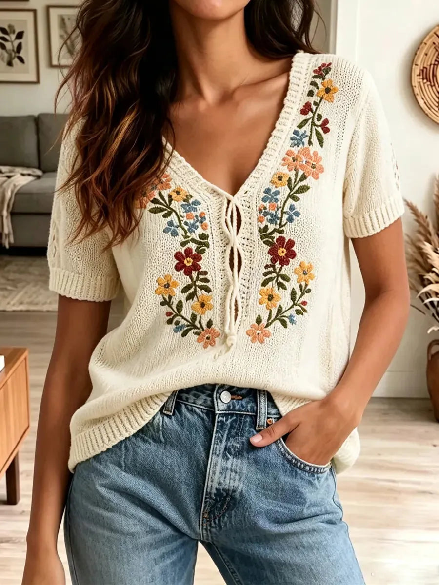 Retro Floral Embroidery Art Casual Stylish Short Sleeve Knitted Sweater