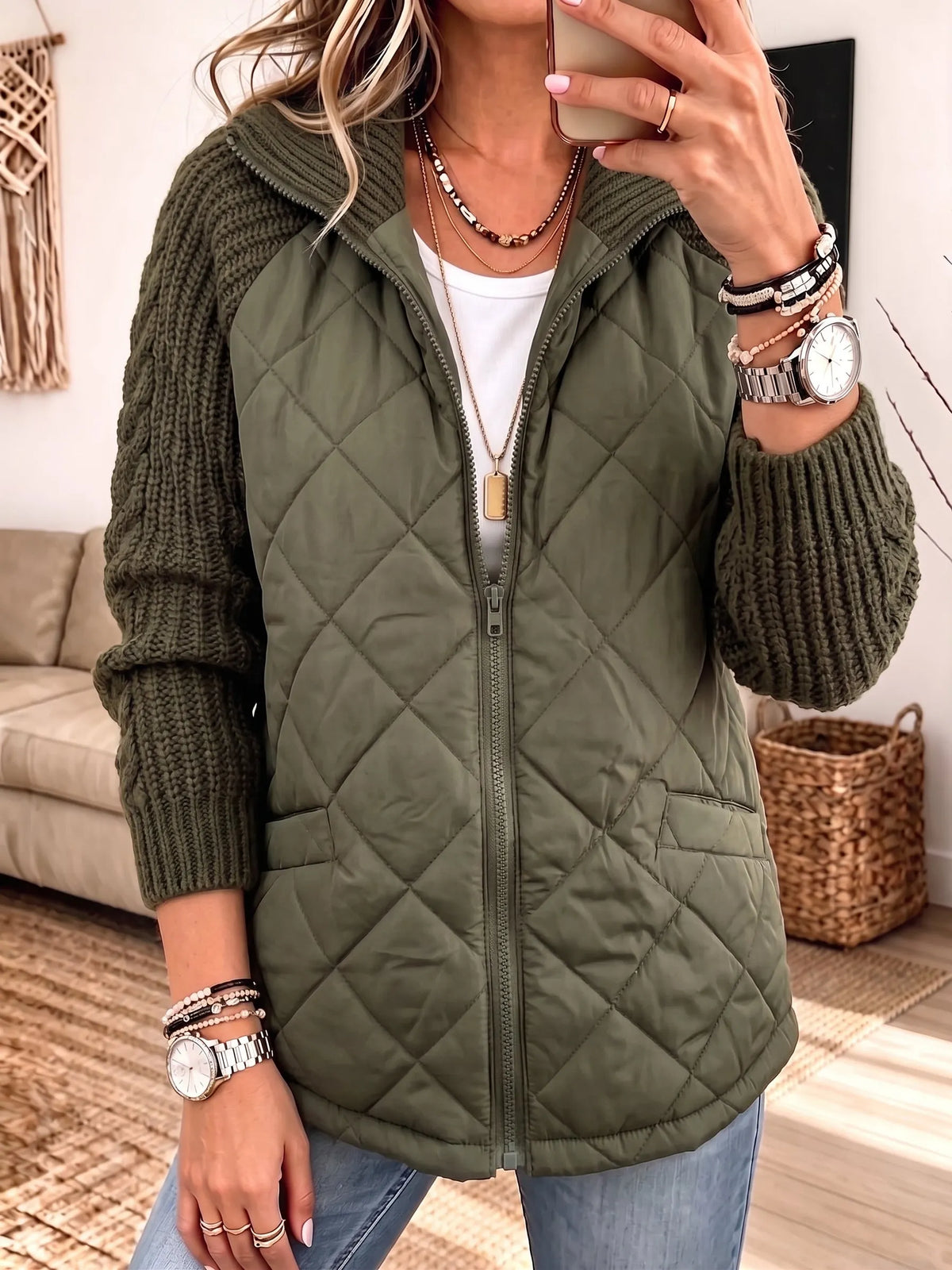 Women Quilted Knit Splice Zip‐Up Jacket, Stand Collar Mixed Media Casual Outerwear With Pockets