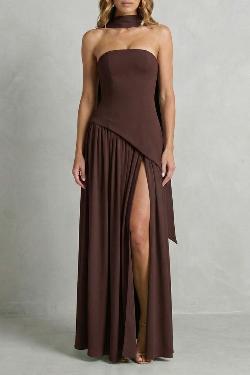 Asymmetric drape accent – Strapless formal gown