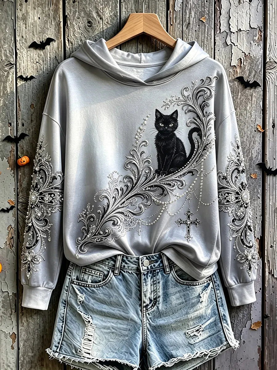 Halloween Black Cat Art Print Vintage Casual Hoodie