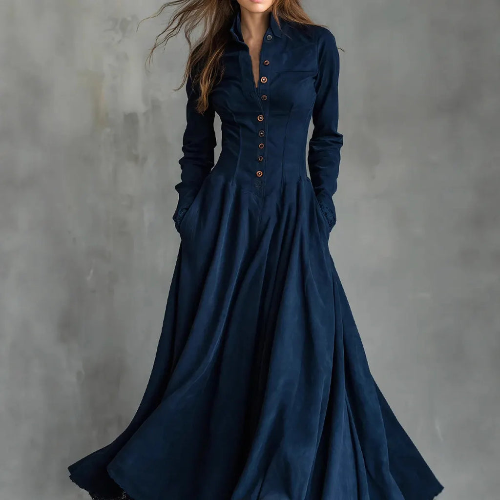 Elegant Navy Blue Long Sleeve Maxi Dress with Button-Down Front and Flared Skirt