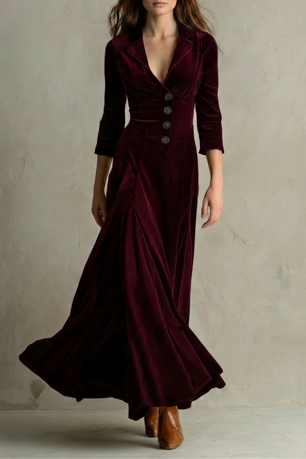Vintage Velvet Long Dress – Elegant Buttoned Swing Skirt with Lapel Detail