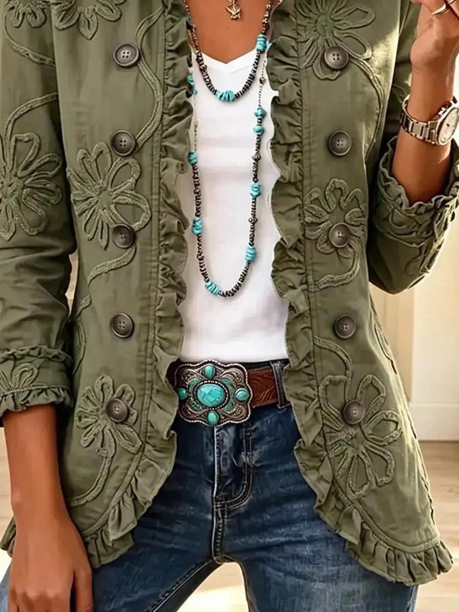 Retro Floral Pattern Art Casual Stylish Lapel Long Sleeve Cotton Coat