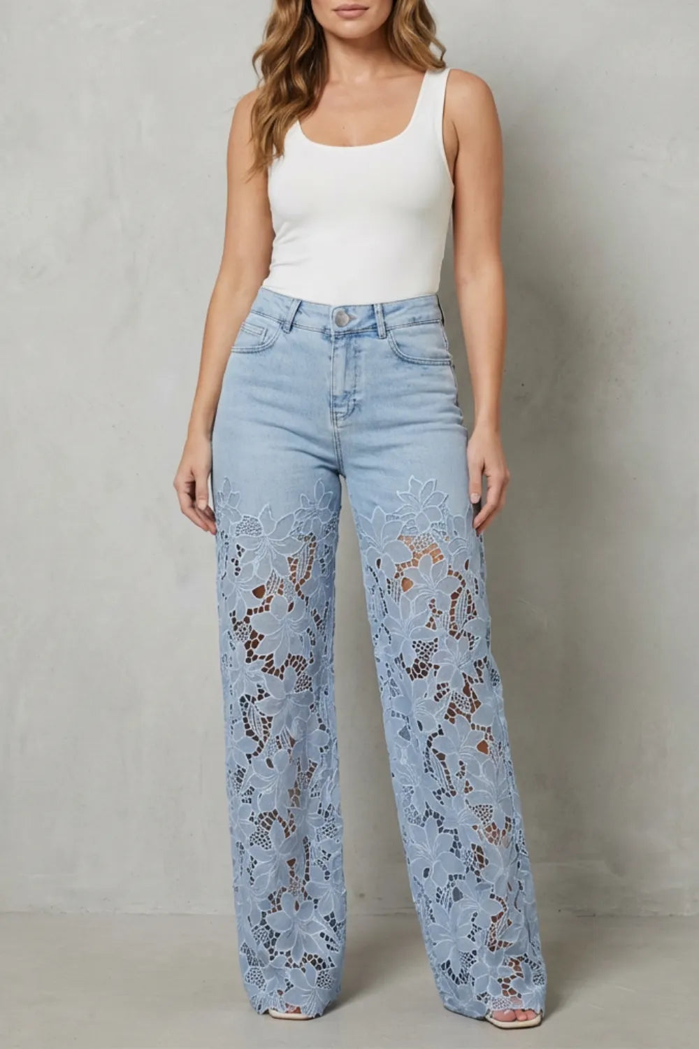 Floral lace overlay – Wide-leg denim jeans