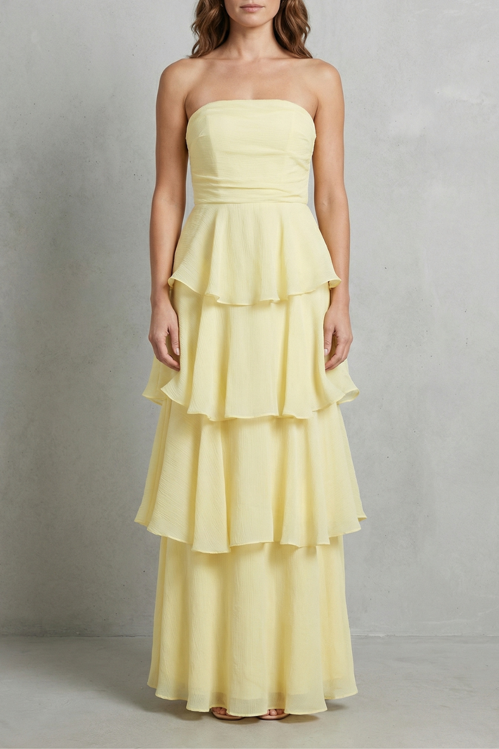 Soft cascading layers – Strapless tiered maxi dress