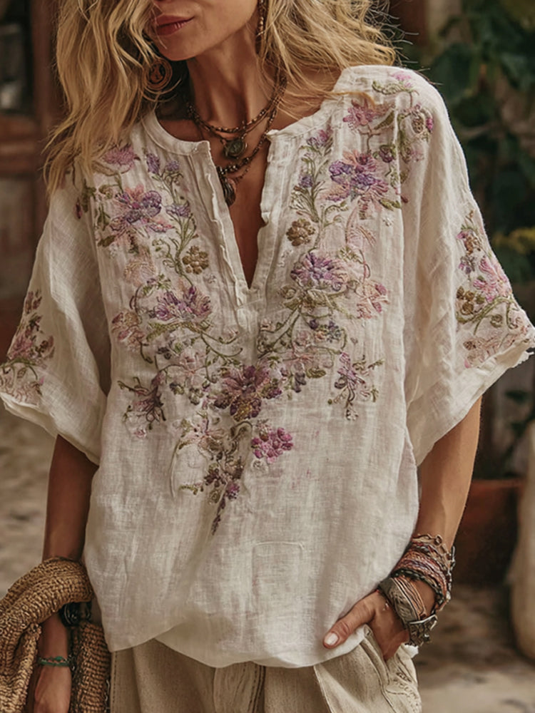 Women's Floral Embroidery Art V Neck Comfy Shirt