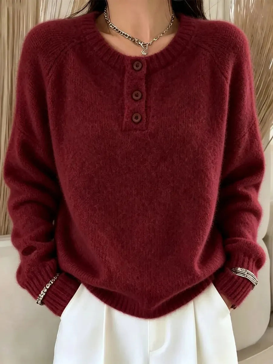 Retro Elegant Button Round Neck Art Casual Stylish Long Sleeve Knitted Sweater