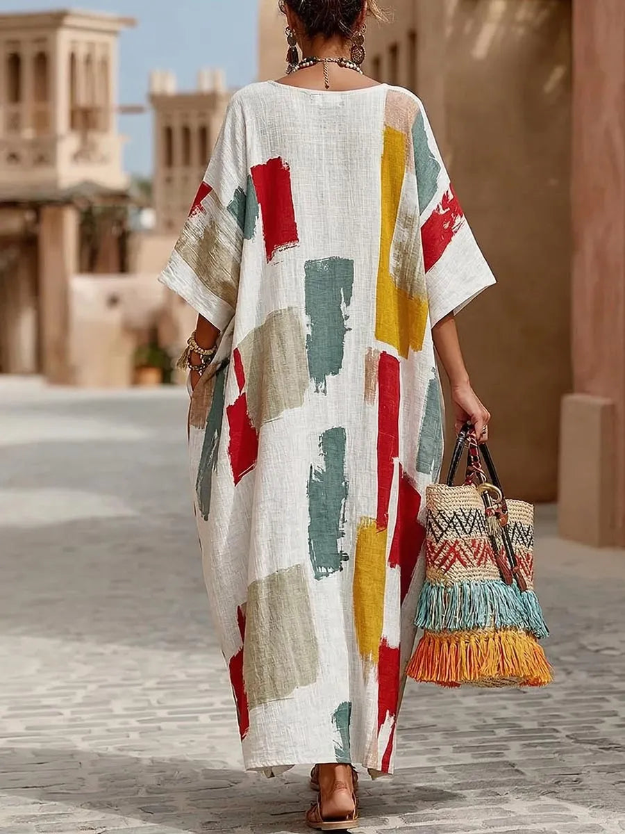 Women's Abstract Print V-Neck 3/4Sleeve Casual Loose Cotton-Linen Dress