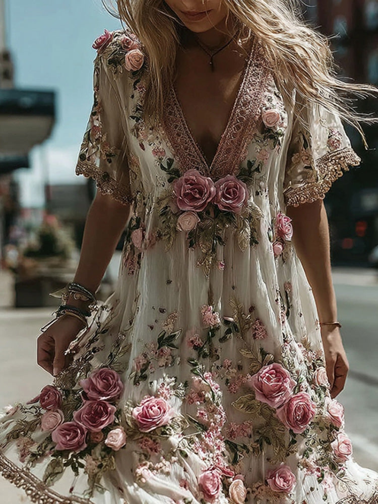 Women's Vintage Pink Roses Embroidery Art V Neck Short Sleeve Midi Dress