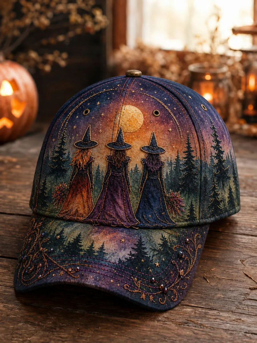 Moonlit Forest Three Witches Halloween Baseball Cap