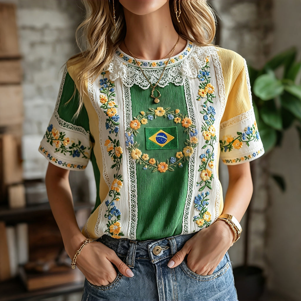 Women's Retro Floral Embroidered Patchwork Art Round Neck Linen Blend T-shirt