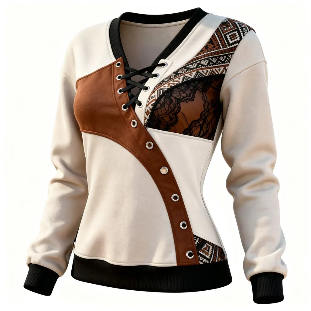 Women's Stylish Lace Up V-neck Sweatshirt With Lace