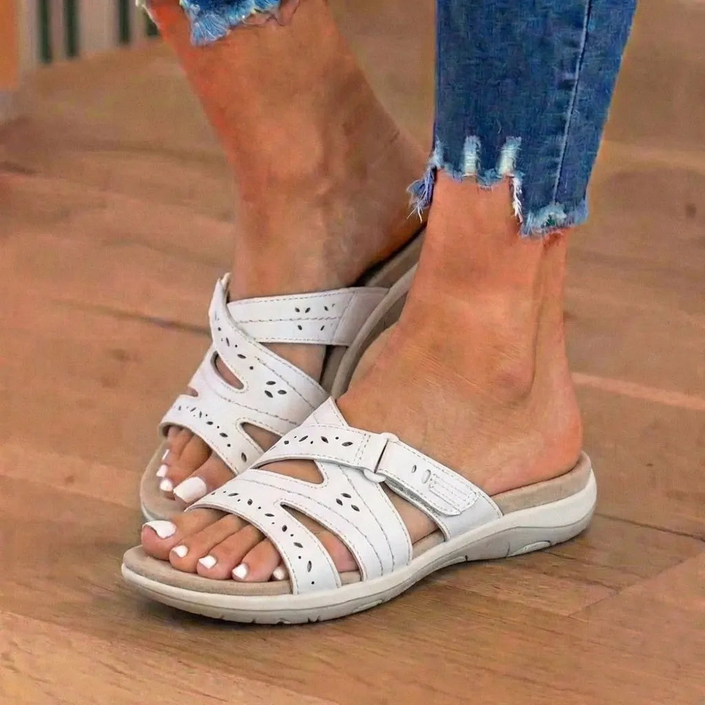 Orthopedic Suede Slide Sandals - Perforated Cutout & Velcro Closure