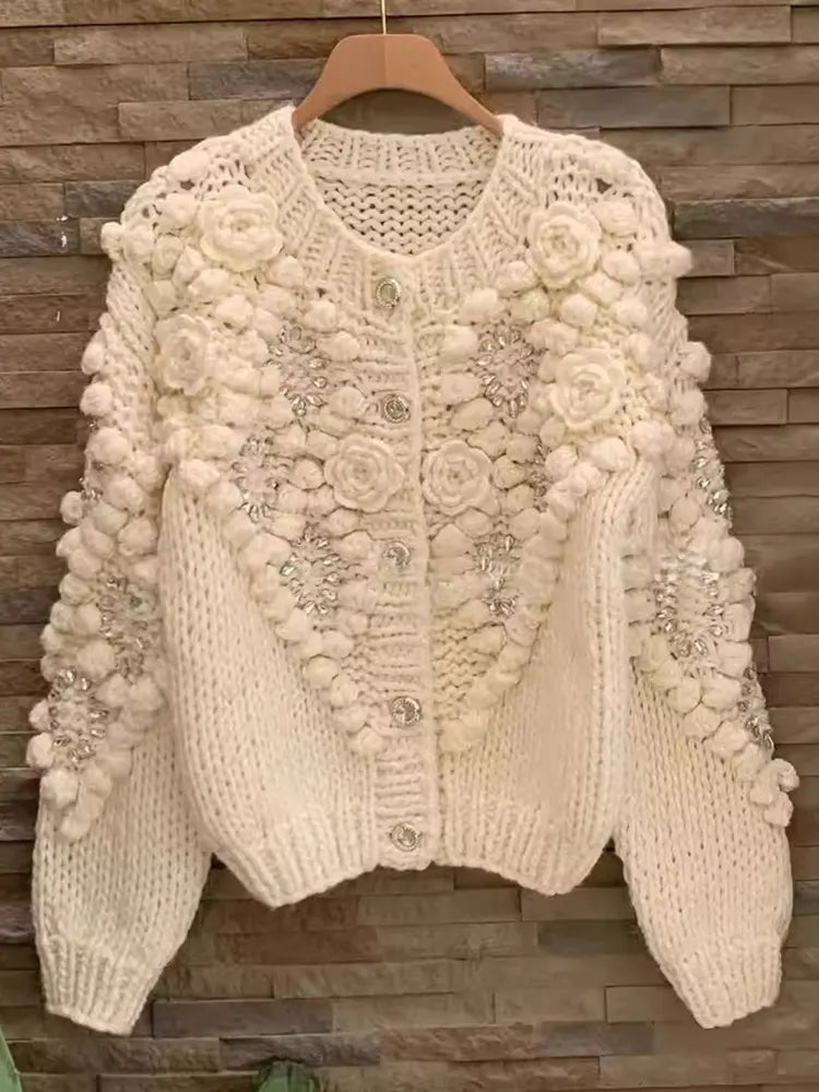 Women's Vintage Bohemian Floral Embroidery Art Aran Sweater Cardigan