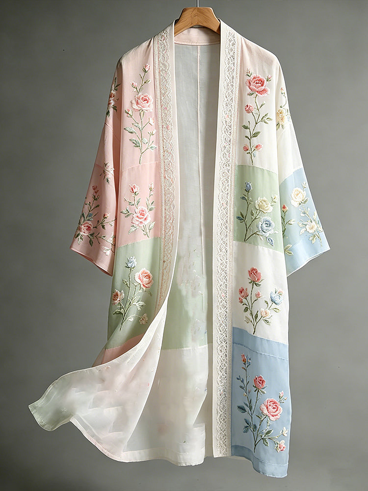 Vintage Rose Art Embroidered Color-block Comfortable Cotton Linen Flowy Kimono