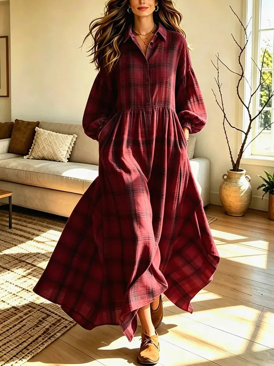 Retro Plaid Pattern Art Casual Stylish Long Sleeve Cotton Linen Maxi Dress