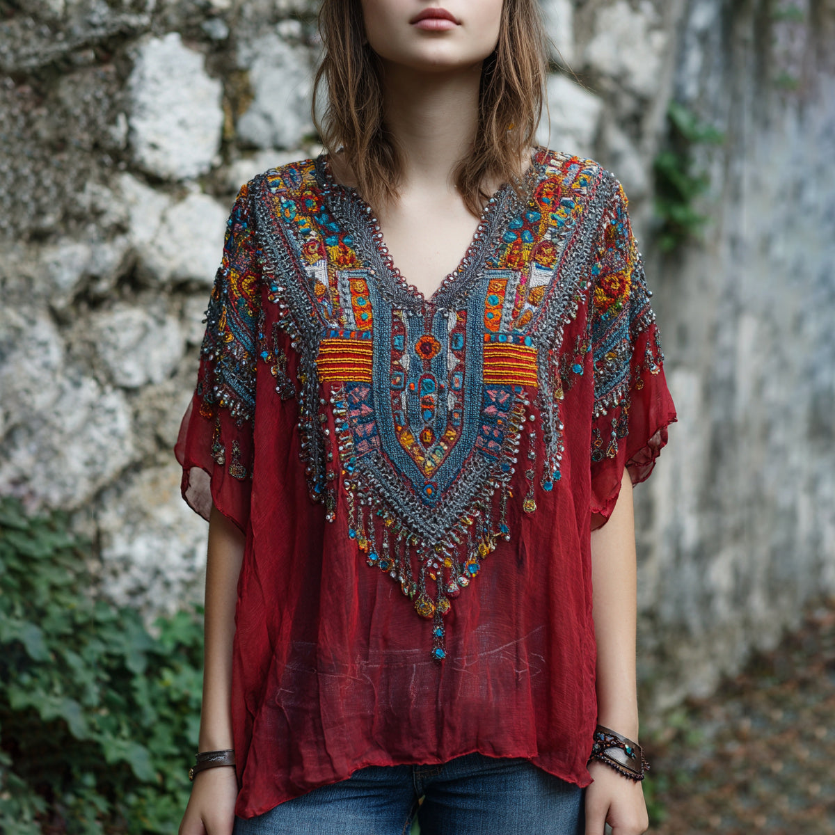 Women's Vintage Boho Nepal Ethnic Art V-neck Shirt