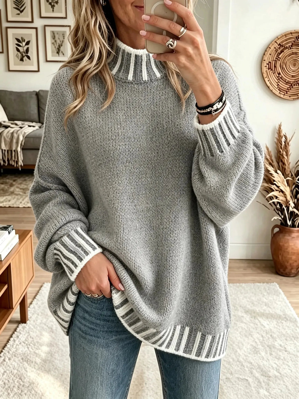 Women's Striped Trim Mock Neck Sweater