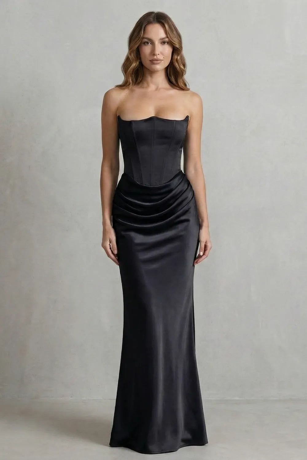 Sculpted satin drape – Strapless corset maxi dress