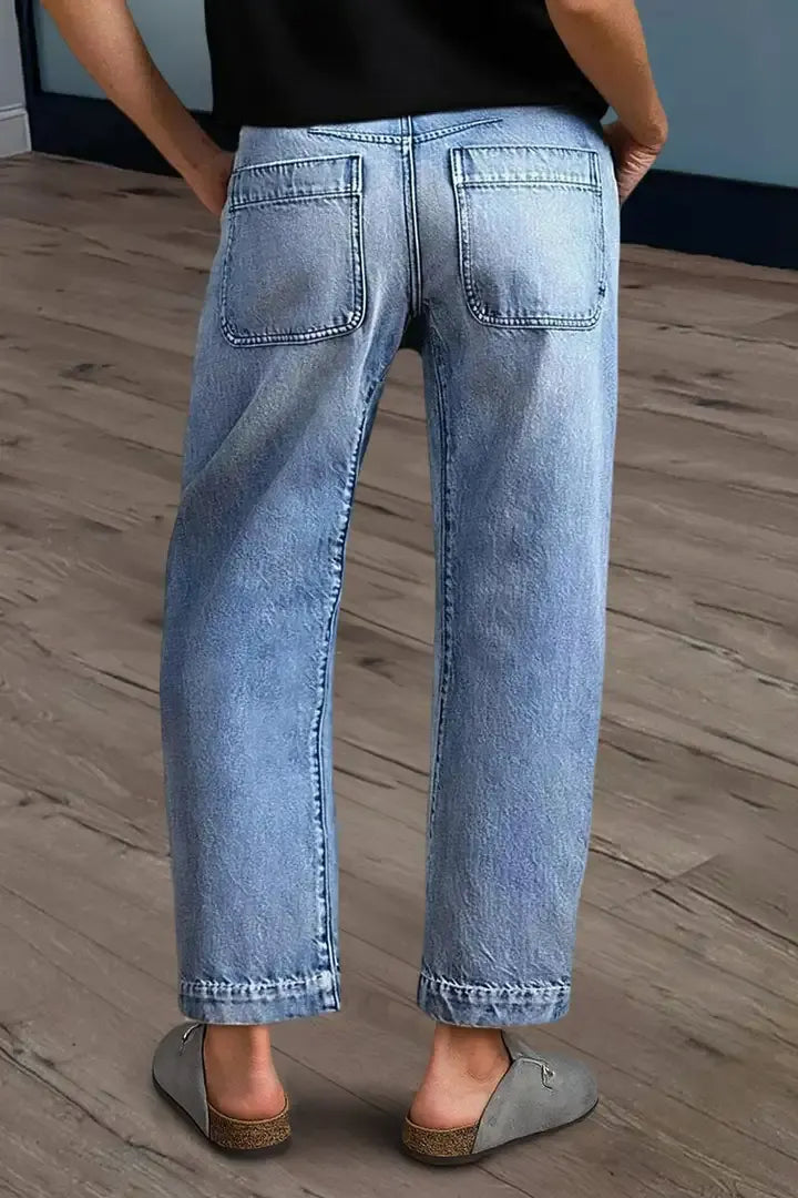 Wash Stitch Detail Mid Rise Barrel Leg Crop Jeans Without Belt