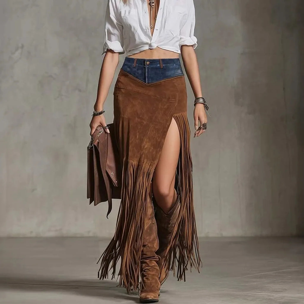 Women's Vintage Boho Chic Fringe Skirt Patchwork Denim Waistband