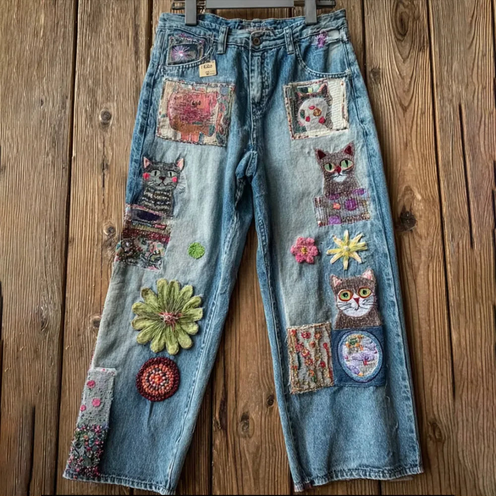Women's Bohemian Style Cat-print Jeans