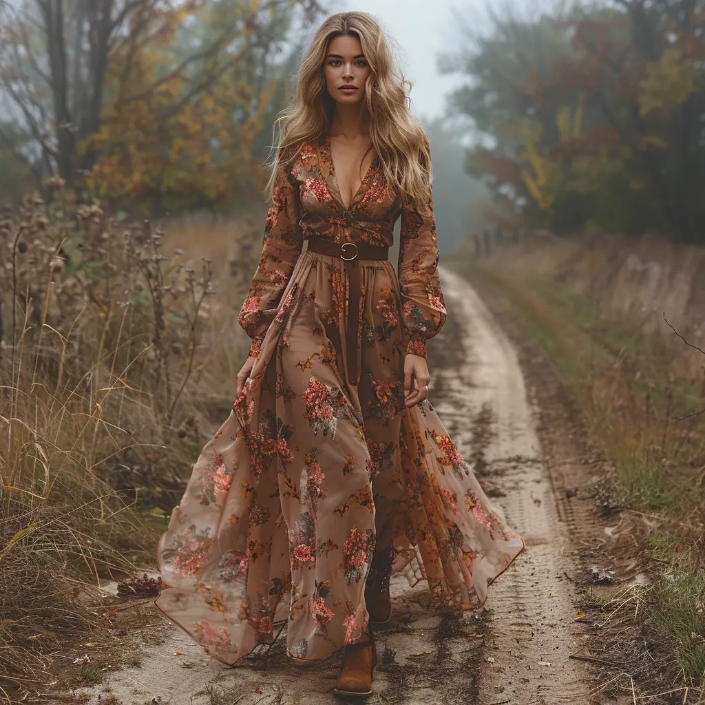 Retro V-neck Floral Women's Long-sleeved Long Skirt Country Pastoral Retro Dress