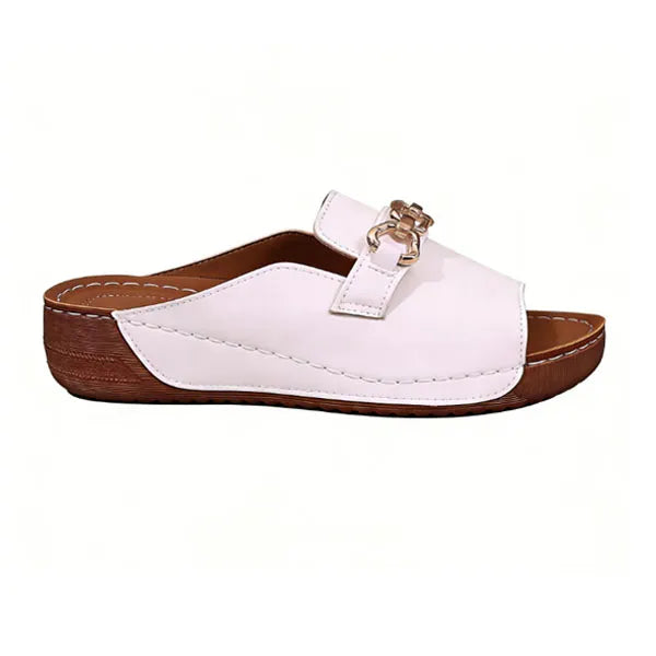 Metallic Buckle Wedge Mules – Easy Slip-On with Arch Support