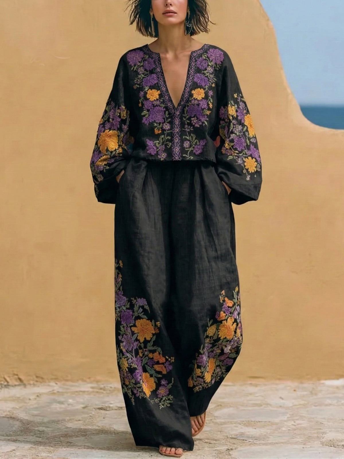 Boho Vintage Bouquet Print Loose Cotton Linen Two-piece Set
