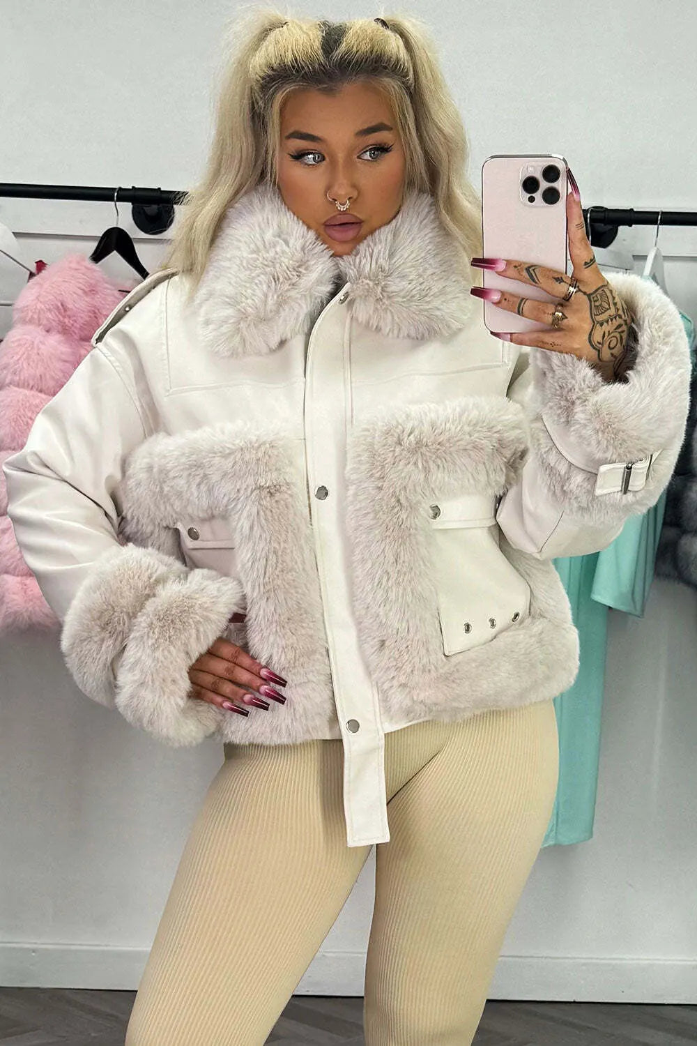 Faux Fur Trim Faux Leather Jacket Beige