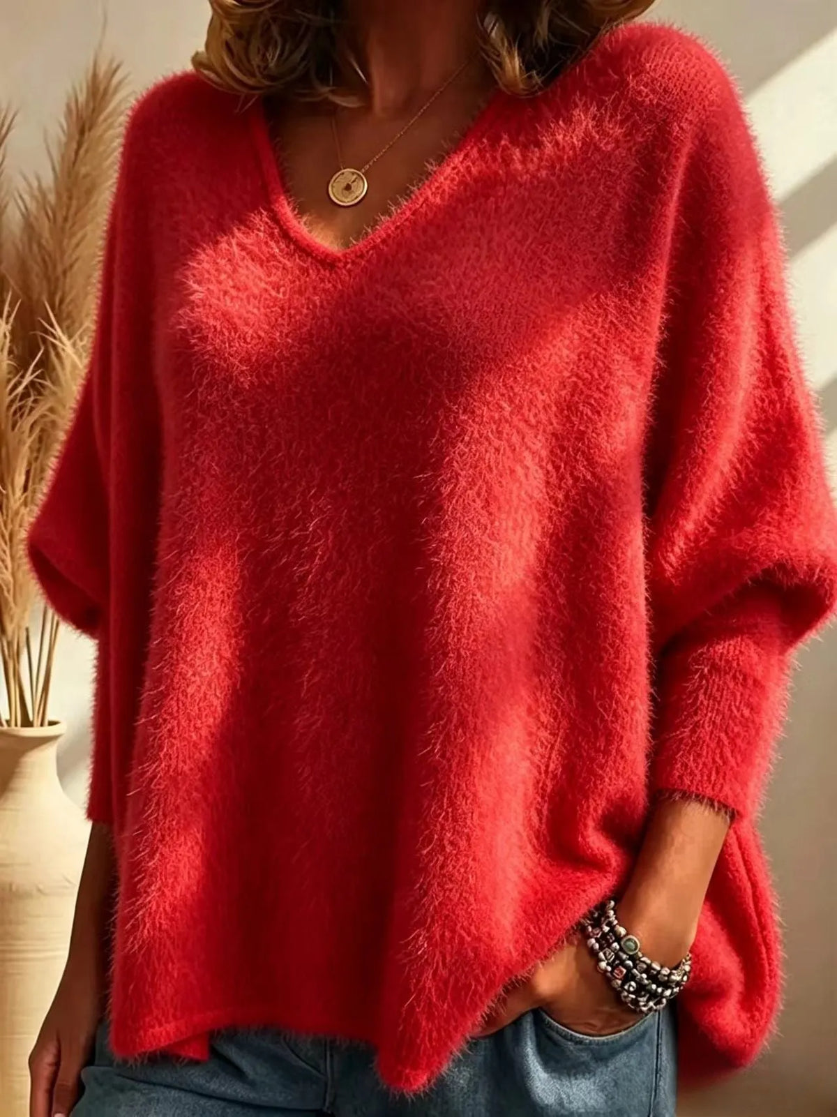Oversized Fuzzy Mohair‐Style V‐Neck Sweater, Women Batwing Loose Soft Knit Pullover