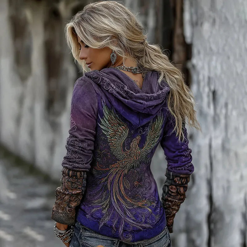 Women's Viking Mythology Phoenix Embroidery Comfortable Warm V-neck Hoodie