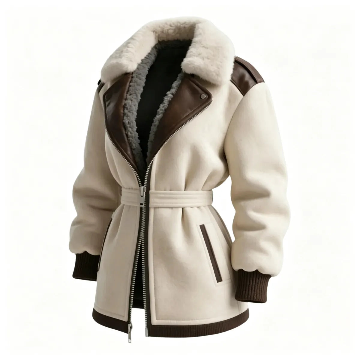 Women's Retro Western Style Contrast Color Stitching Fur Collar Lapel Mid-Length Jacket