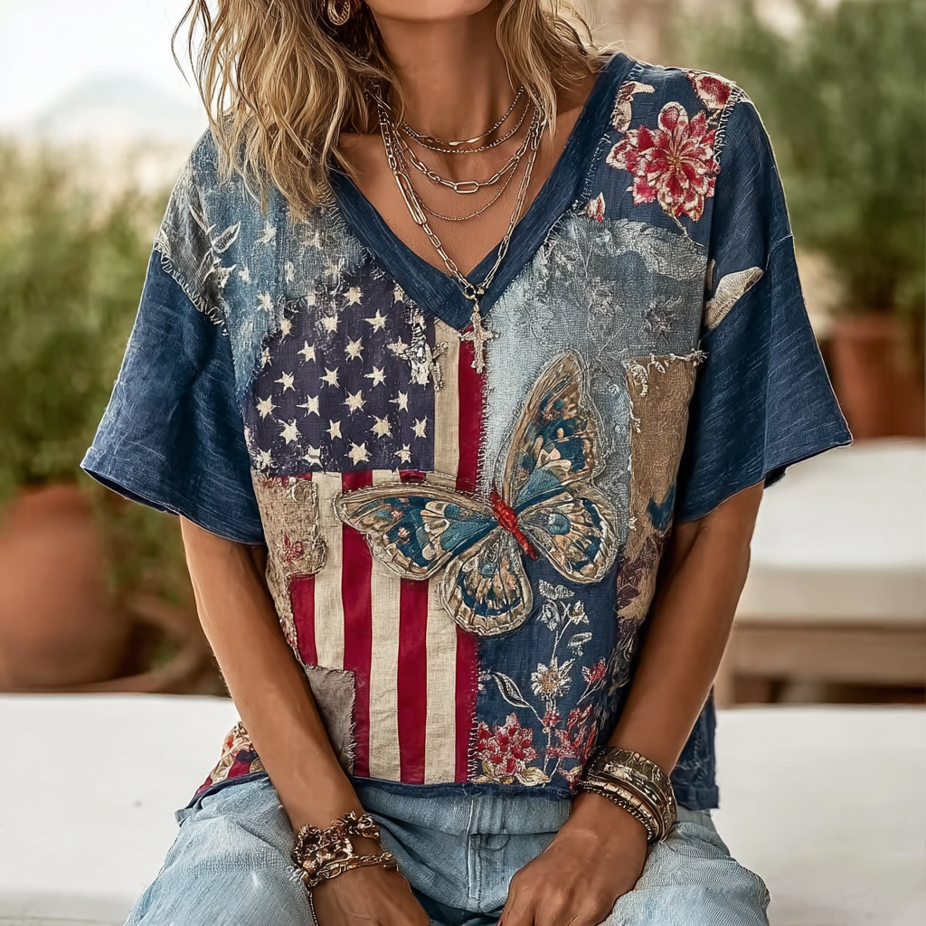 Vintage Butterfly And Flowers American Flag Linen T-shirt