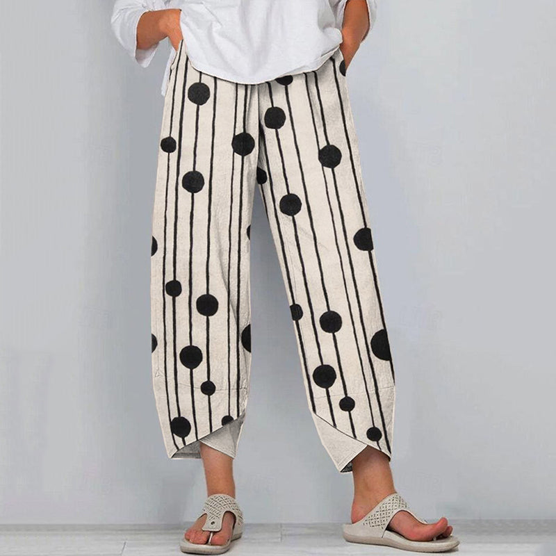 Abstract Art Polka Dot Print Linen Blend Pants