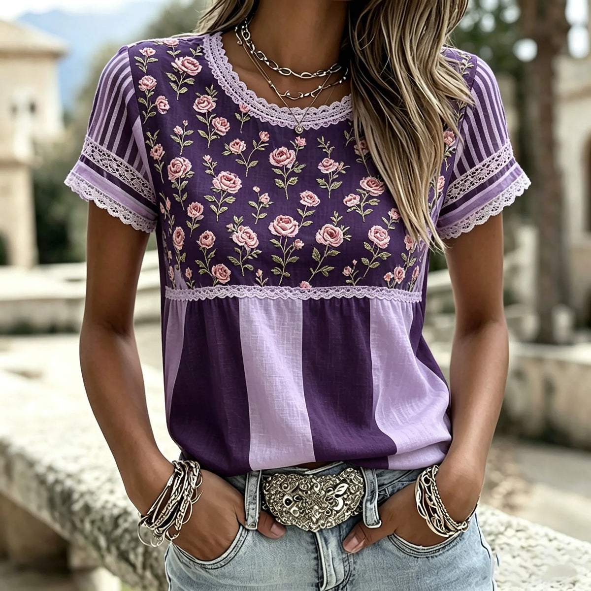 Pink Floral Art Embroidered Spliced Striped Comfortable Cotton Linen Crew Neck T-shirt