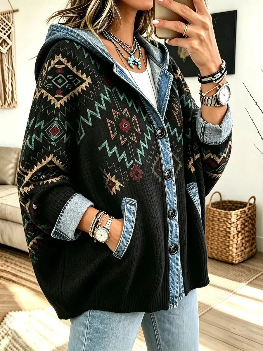 Women's Vintage Print Loose Hoodie Cardigan Coat