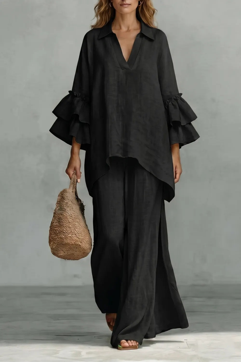 Ruffled sleeve ease – Trouser set
