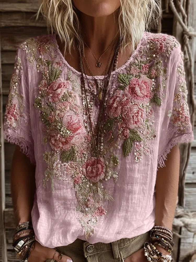 Women's Pink Rose Embroidery Art Round Neck Short Sleeve Linen Blend T-shirt