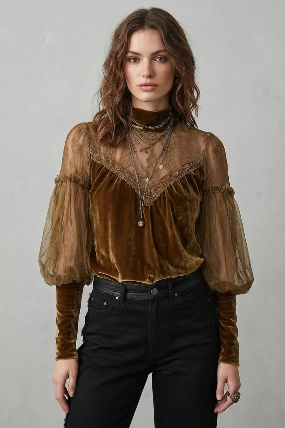 Sheer lace detail – Velvet turtleneck blouse