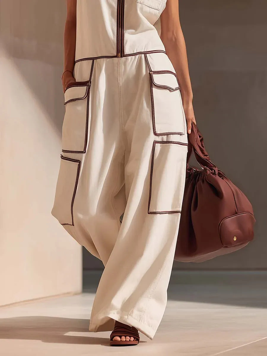 Casual Loose-fitting Color-blocked Workwear Jumpsuit