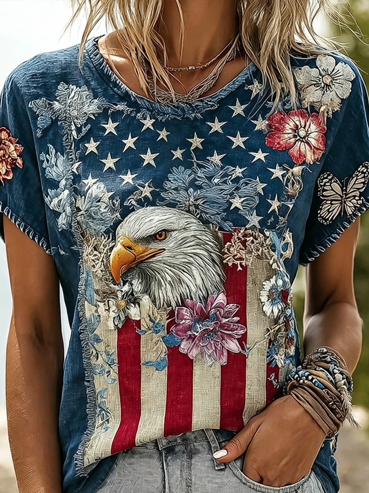 Vintage Eagle And Flowers American Flag Linen T-shirt