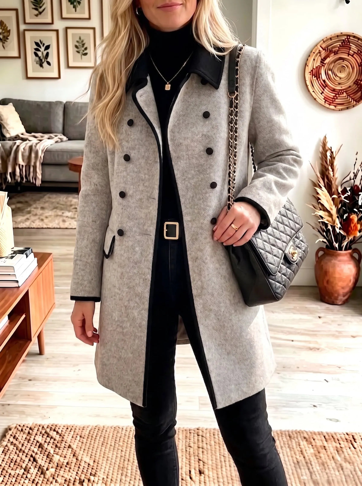 Contrast Trim Double Breasted Mid‐Length Wool Blend Coat Women