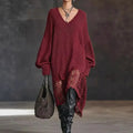 V-neck Knit Dress With Asymmetrical Hem And Openwork Detailing Loose-fitting Dress