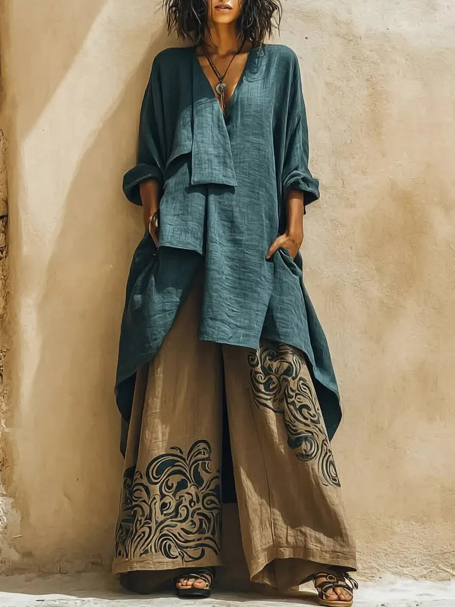 Boho Artistic Cut Long Shirt And Wide-leg Pants Cotton Linen Two-piece Set