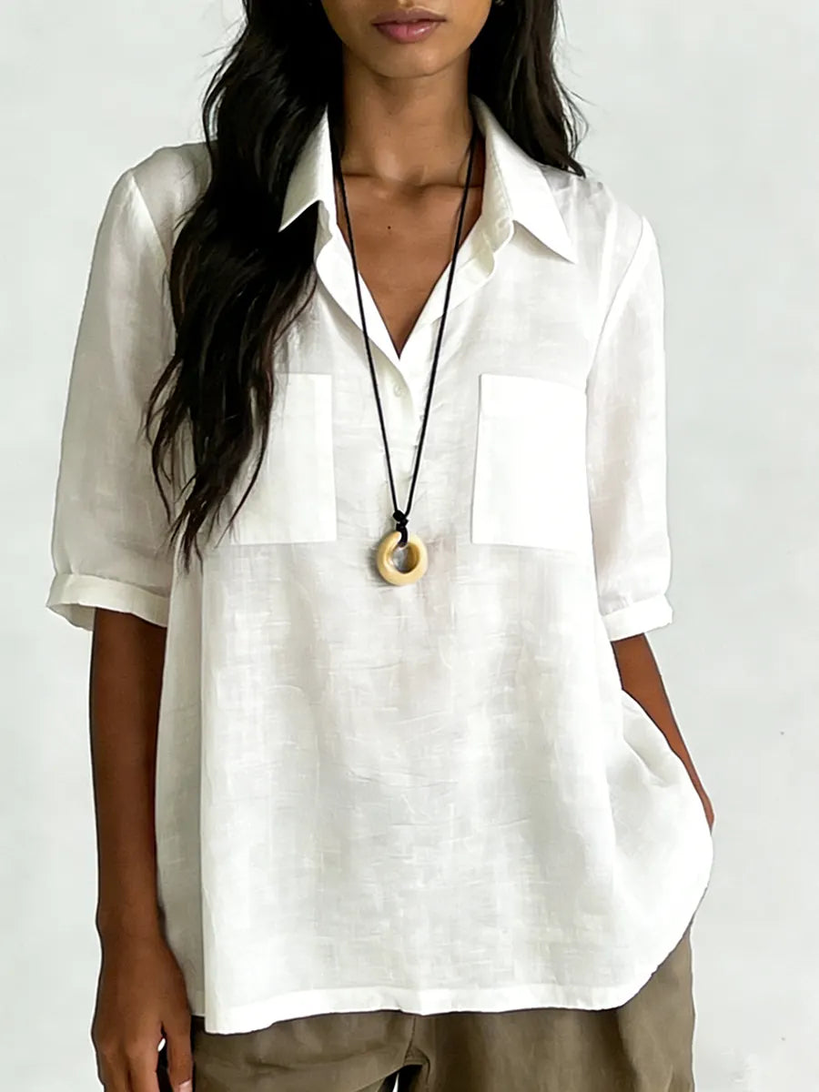 Women's Plain Color Pocket Casual Cotton Linen Shirt