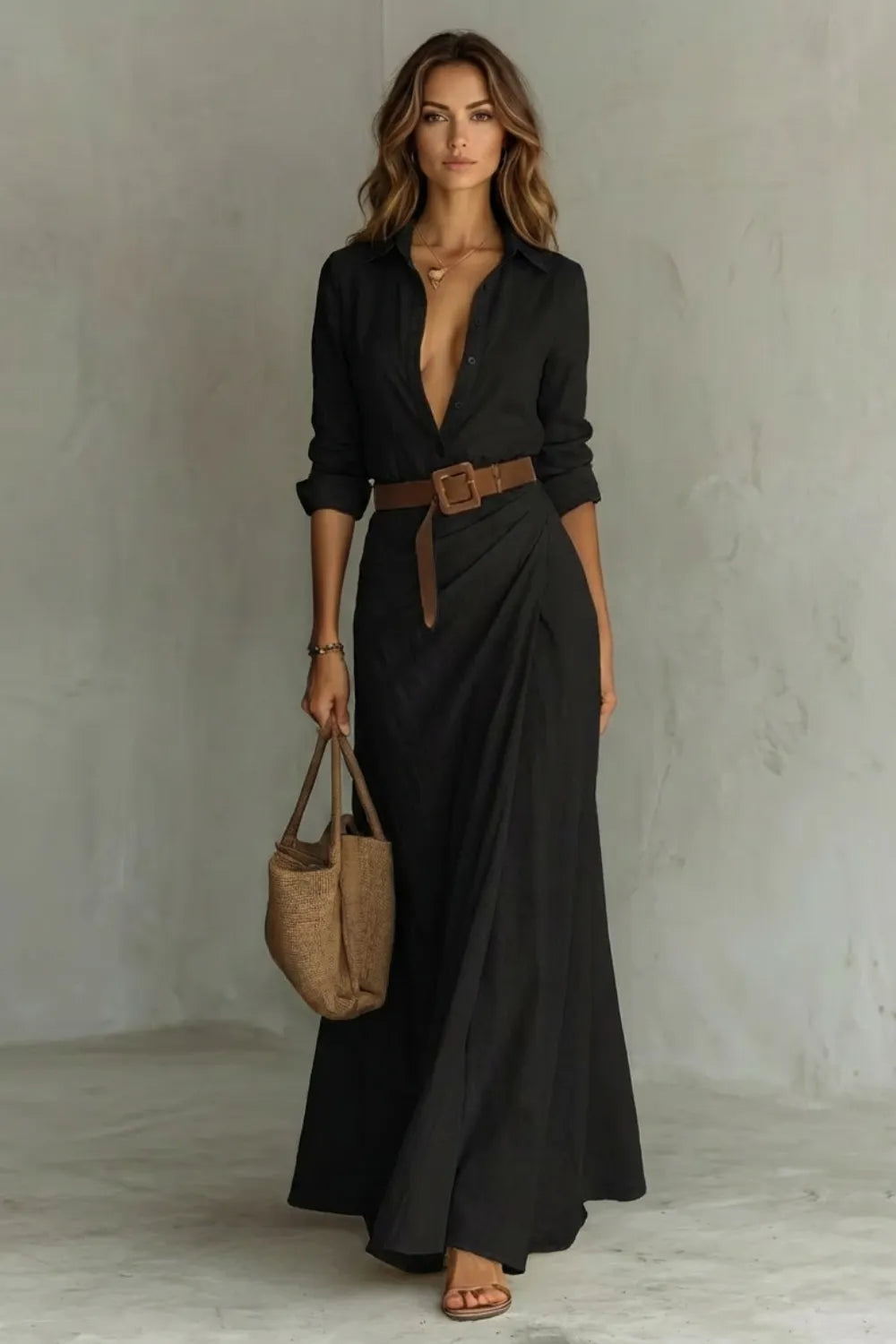 Elegant Pleated Belted Dress – Autumn Solid Color Long Shirt Dress