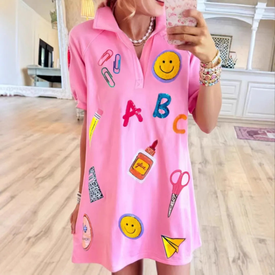 Cute Teacher Stationery Graphic Polo Collar Mini T‐Shirt Dress Women