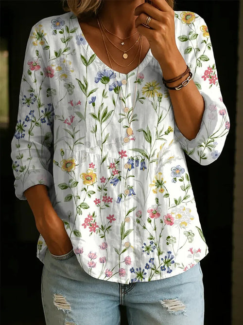 Artistic Floral Print Cotton Blouse - Women's Elegant Casual Soft Cotton Top